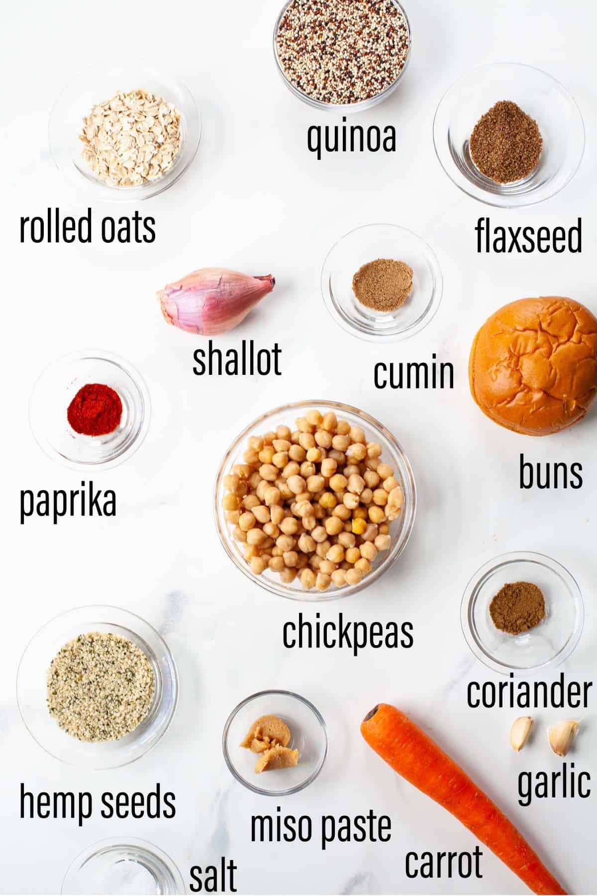 graphic of ingredients for vegan chickpea burgers on marble surface with black text overlay 