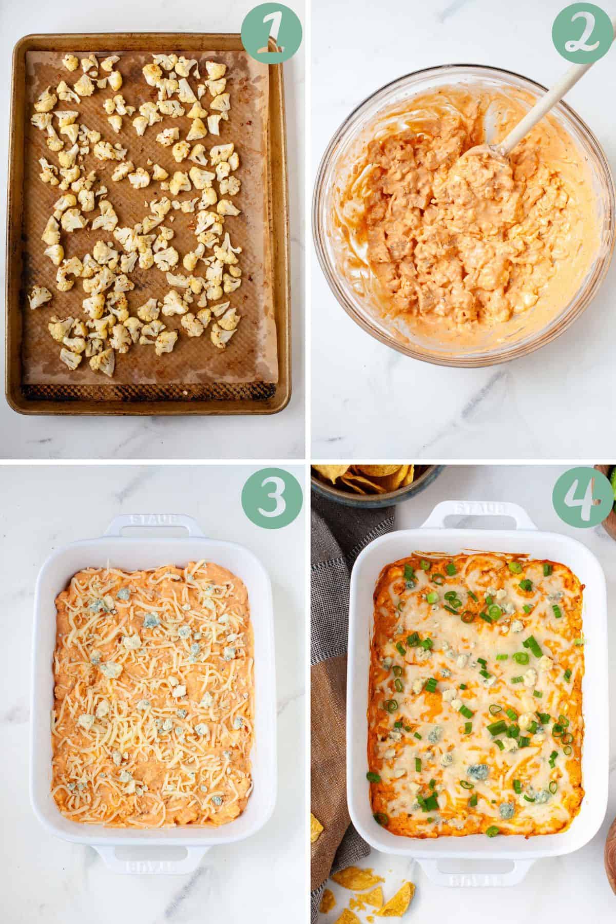step by step graphic of how to make buffalo cauliflower dip