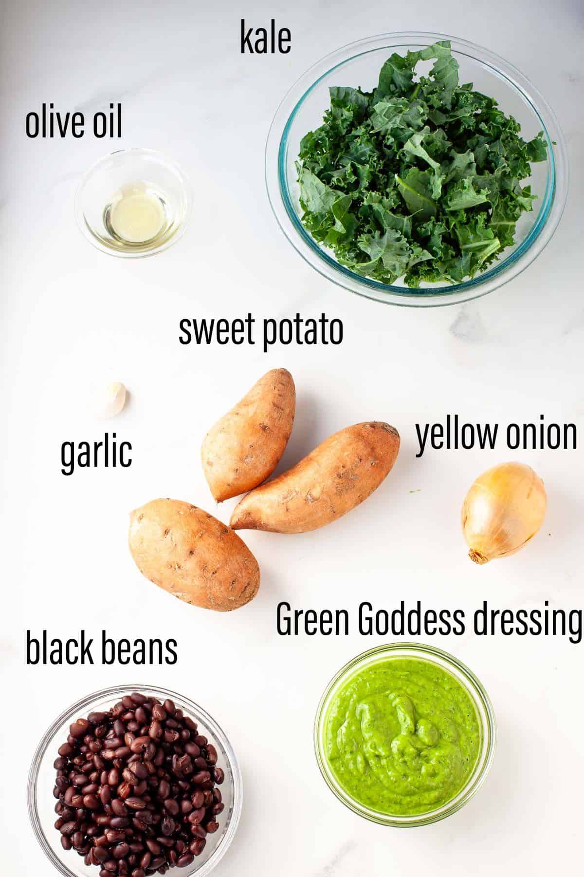 graphic of ingredients for vegan loaded sweet potato on marble surface with black text overlay
