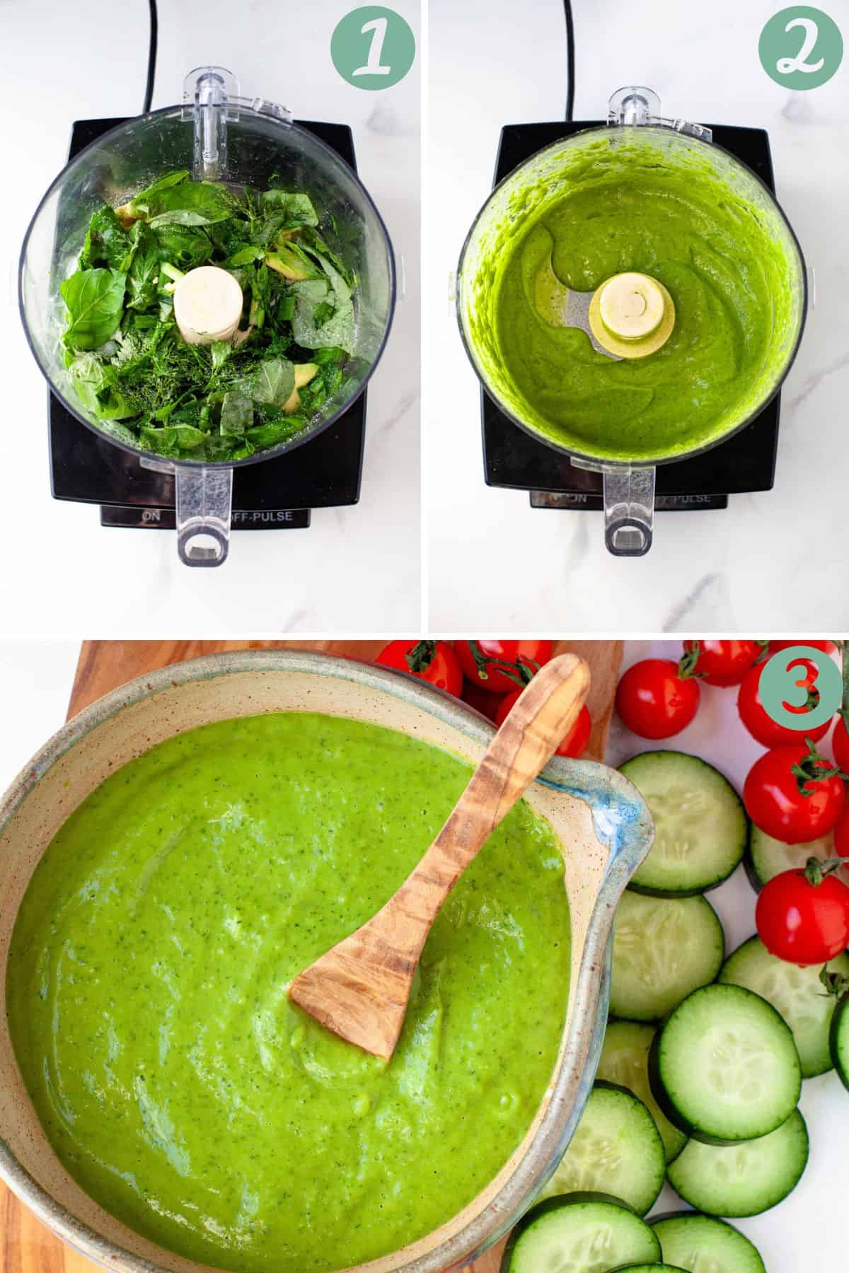 step by step graphic of how to make Vegan Green Goddess Dressing. 