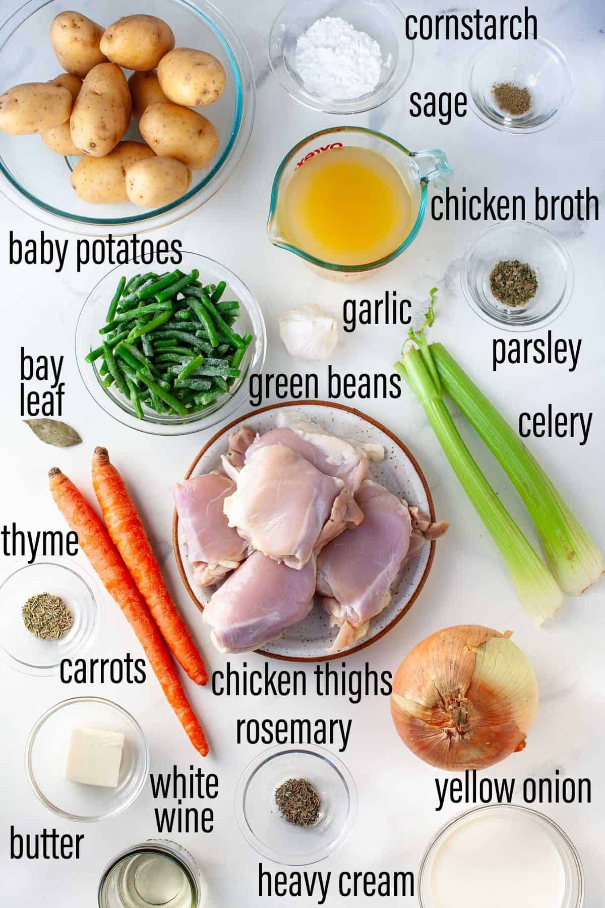 graphic of ingredients for instant pot chicken stew on marble surface with black text overlay