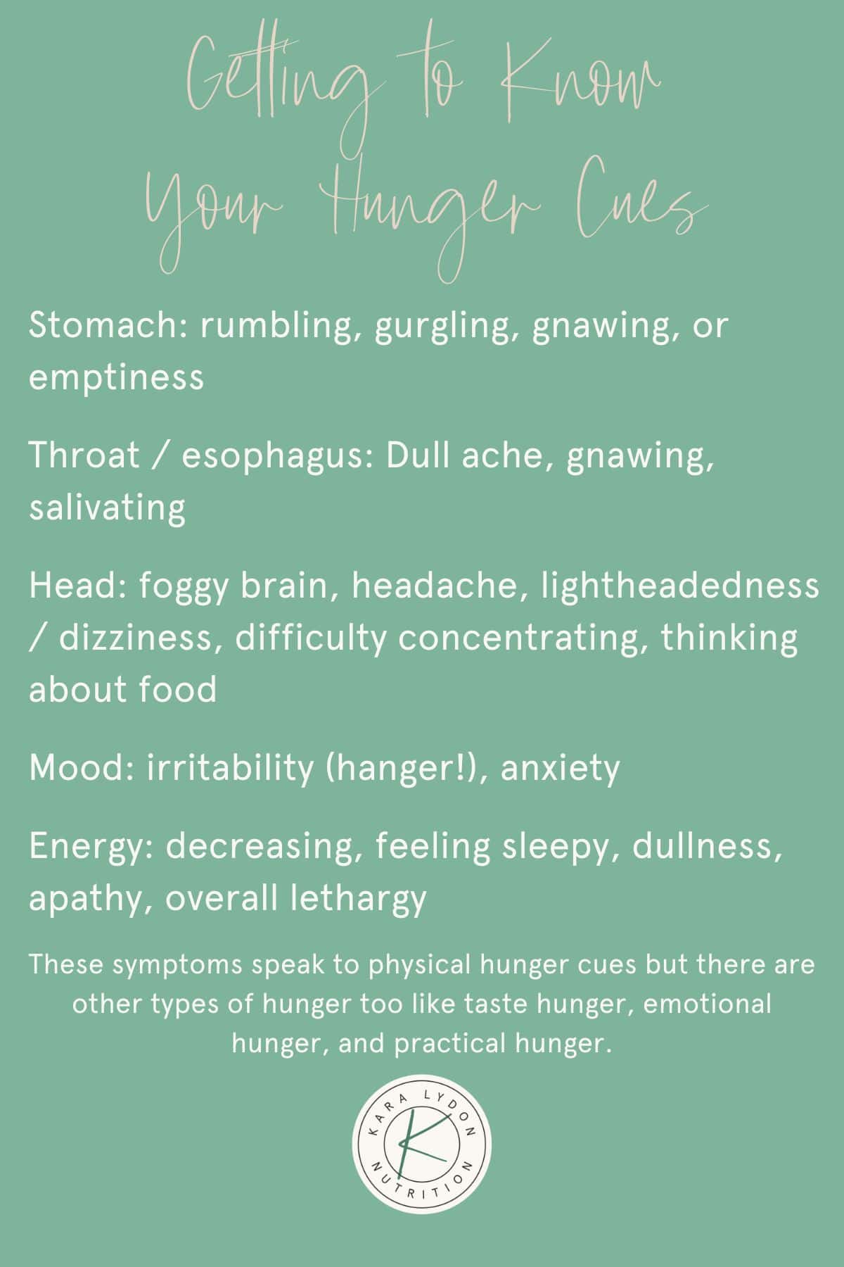 Graphic listing ways of getting to know your hunger cues with physical symptoms