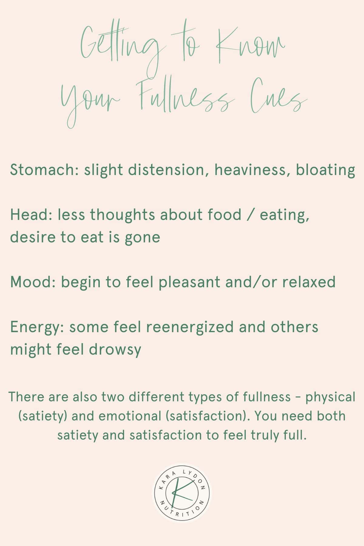 Graphic listing ways of getting to know your fullness cues with symptoms